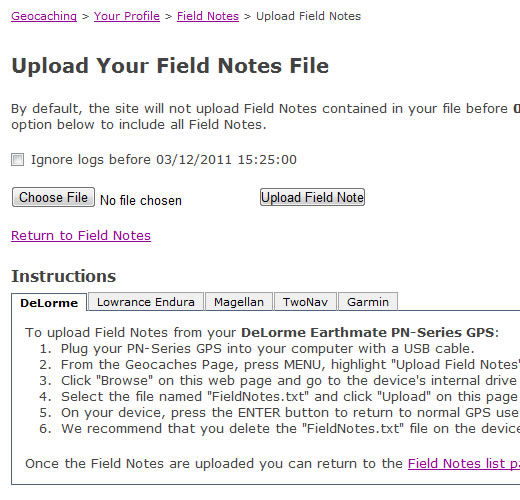 Uploading geocaching field notes