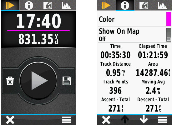 Garmin Oregon 6xx series track control screen and track information tab