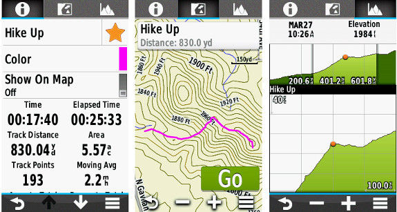 Garmin oregon 650 6xx series track info, map and elevation tabs