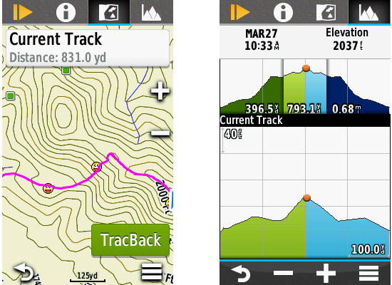 Garmin Oregon 650 track map view and elevation tabs