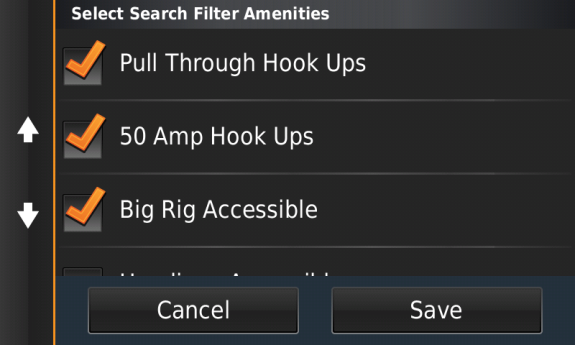 Garmin RV 760LMT filter amenities screen